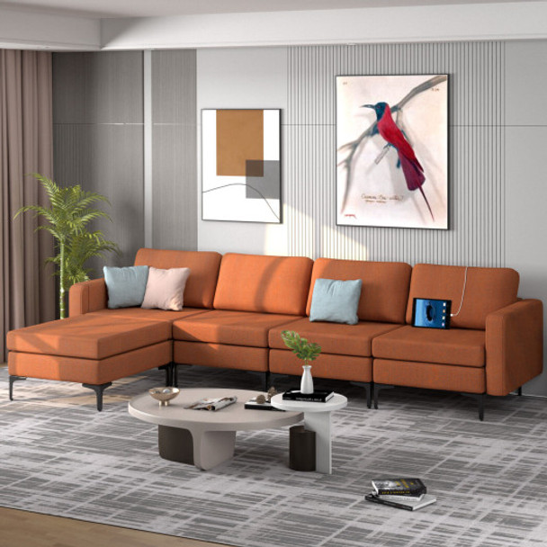 Modular L-shaped Sectional Sofa with Reversible Ottoman and 2 USB Ports-Orange