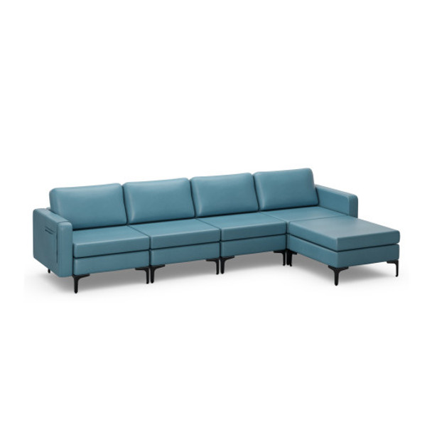 Modular L-shaped Sectional Sofa with Reversible Ottoman and 2 USB Ports-Blue