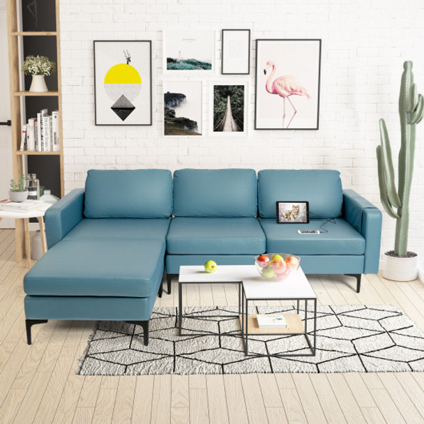Modular L-shaped Sectional Sofa with Reversible Chaise and 2 USB Ports-Blue