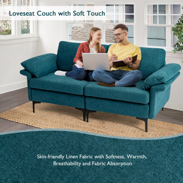 Modern Fabric Loveseat Sofa for with Metal Legs and Armrest Pillows-Peacock Blue