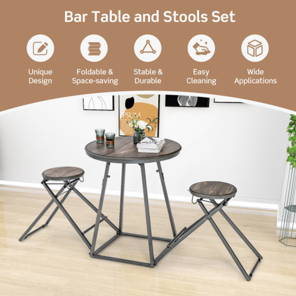 3 Pieces Dining Table Set with 2 Foldable Stools for Small Space-Gray