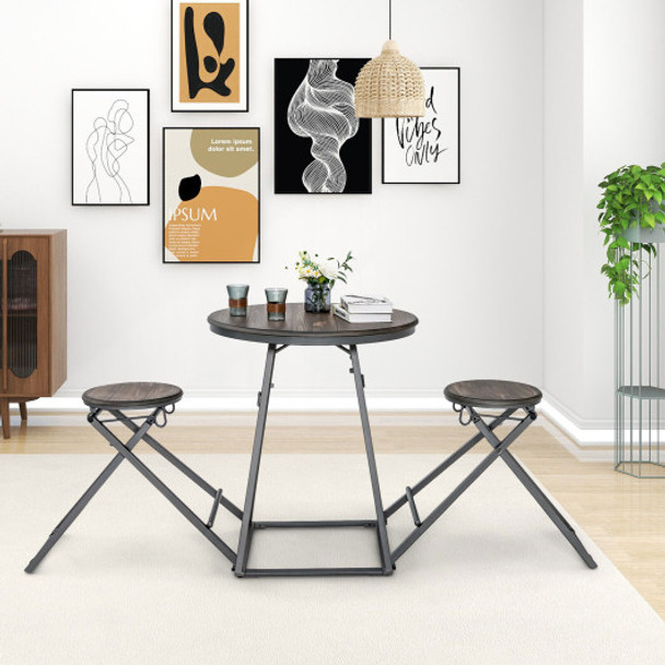 3 Pieces Dining Table Set with 2 Foldable Stools for Small Space-Gray