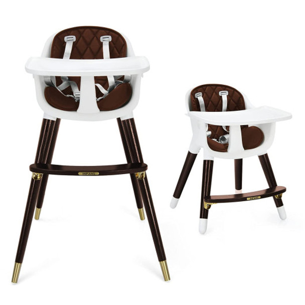 3-In-1 Adjustable Baby High Chair with Soft Seat Cushion for Toddlers-Brown