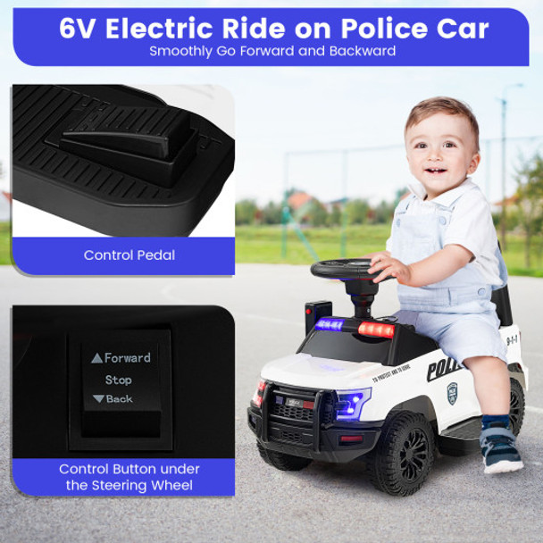 6V Kids Ride On Police Car with Real Megaphone and Siren Flashing Lights-White