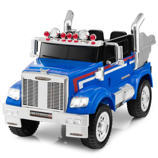 12V Licensed Freightliner Kids Ride On Truck Car with Dump Box and Lights -Blue