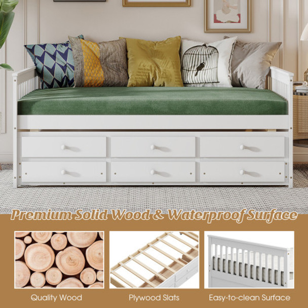 Full Size Wood Daybed Frame with Trundle Bed and 3 Storage Drawers-White