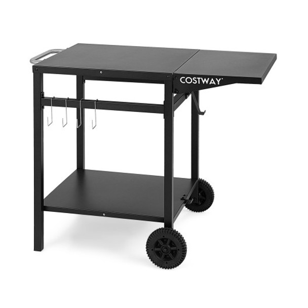 Movable Outdoor Grill Cart with Folding Tabletop and Hooks-Black