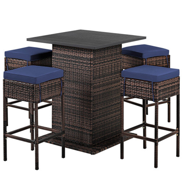 5 Pieces Patio Rattan Bar Table Stool Set Hidden Storage Shelf Cushioned-Navy