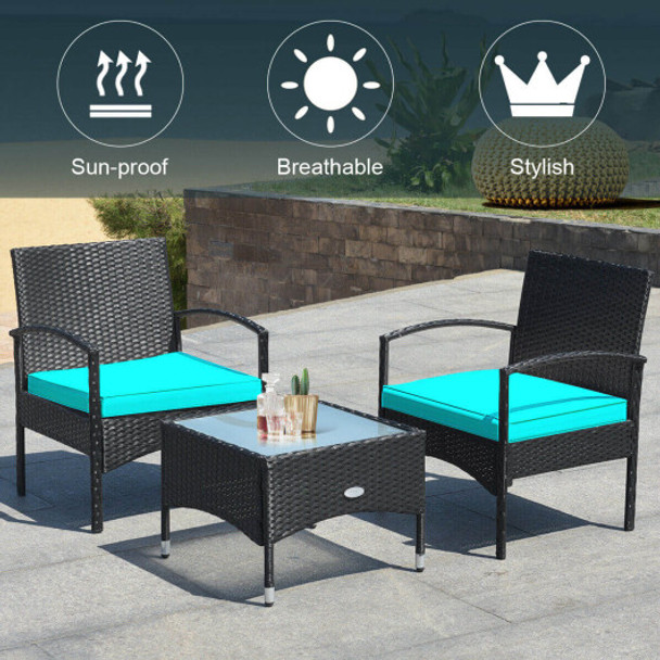 3 Pieces Patio Wicker Rattan Furniture Set with Cushion for Lawn Backyard-Turquoise
