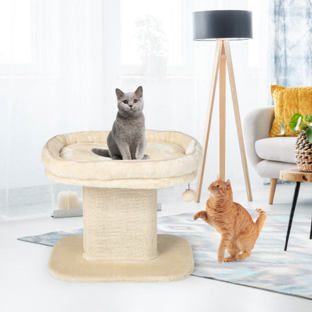 Modern Cat Tree Tower with Large Plush Perch and Sisal Scratching Plate-Beige