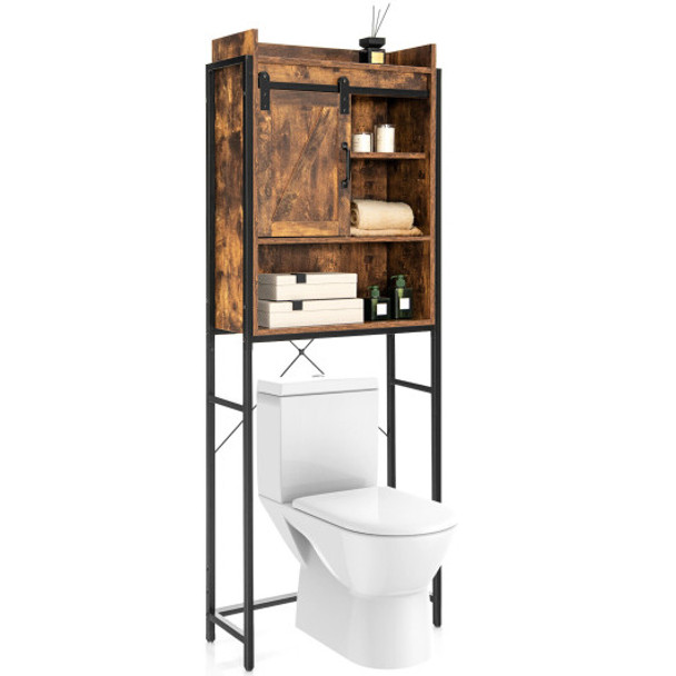 4-Tier Multifunctional Toilet Sorage Cabinet with Adjustable Shelf and Sliding Barn Door-Rustic Brown