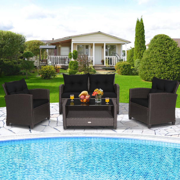 4 Pieces Patio Rattan Furniture Set with Tempered Glass Coffee Table-Black