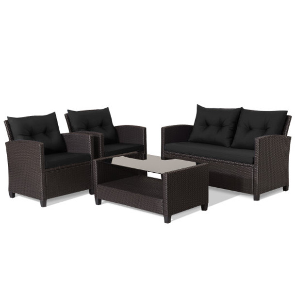 4 Pieces Patio Rattan Furniture Set with Tempered Glass Coffee Table-Black