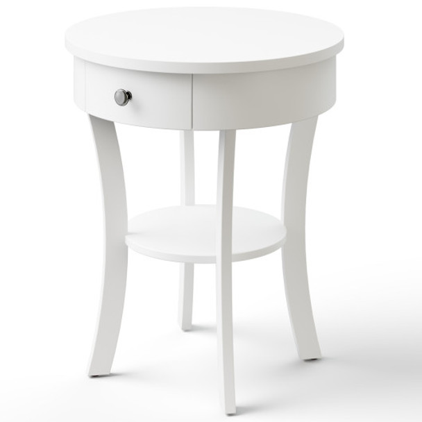 2-Tier Wood Round End Table with Open Drawer-White