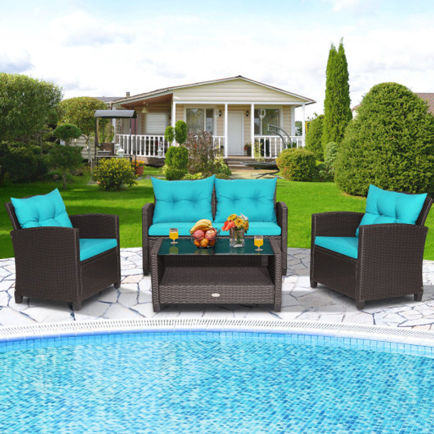 4 Pieces Patio Rattan Furniture Set with Tempered Glass Coffee Table-Turquoise