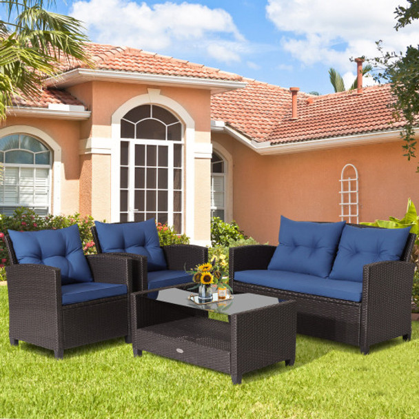 4 Pieces Patio Rattan Furniture Set with Tempered Glass Coffee Table-Navy