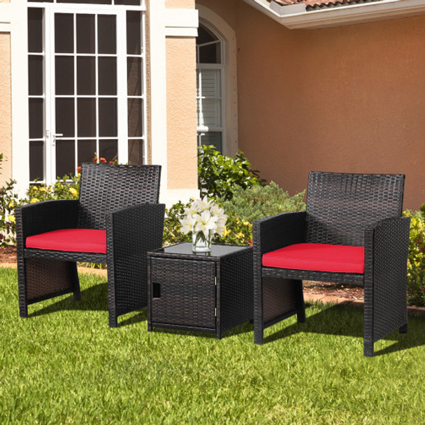 3 Pieces Patio Wicker Furniture Set with Storage Table and Protective Cover-Red