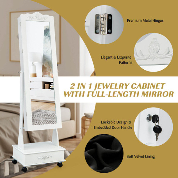 Rolling Floor Standing Mirrored Jewelry Armoire with Lock and Drawers-White