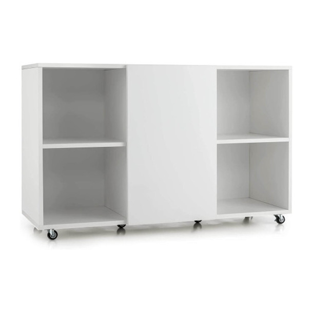 Wood Storage Cabinet with Wheels and 6 Compartments-White