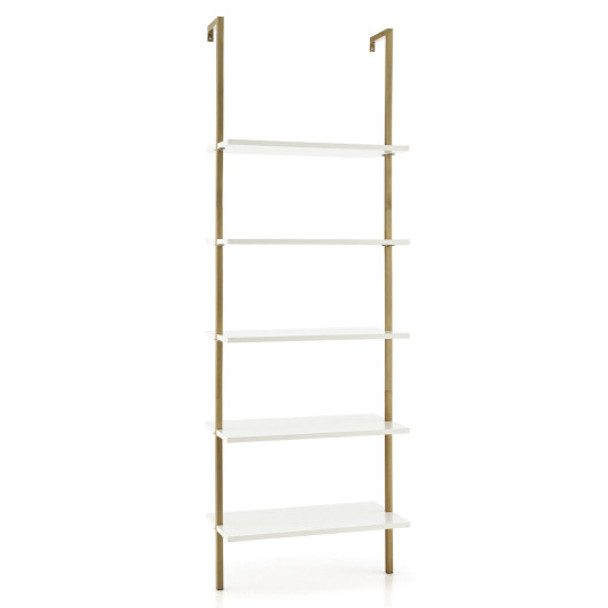 5 Tier Ladder Shelf Wall-Mounted Bookcase with Steel Frame-Golden