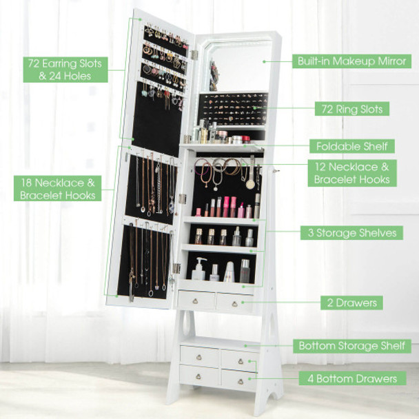 Freestanding Full Length LED Mirrored Jewelry Armoire with 6 Drawers-White