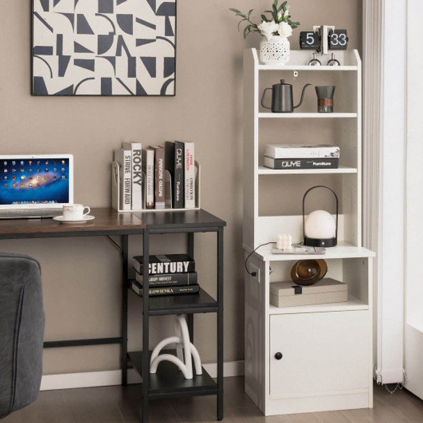 6-Tier Bookshelf with Charging Station and Cabinet-White