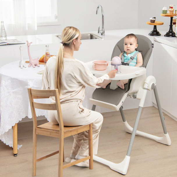 4-in-1 Foldable Baby High Chair with 7 Adjustable Heights and Free Toys Bar-Gray