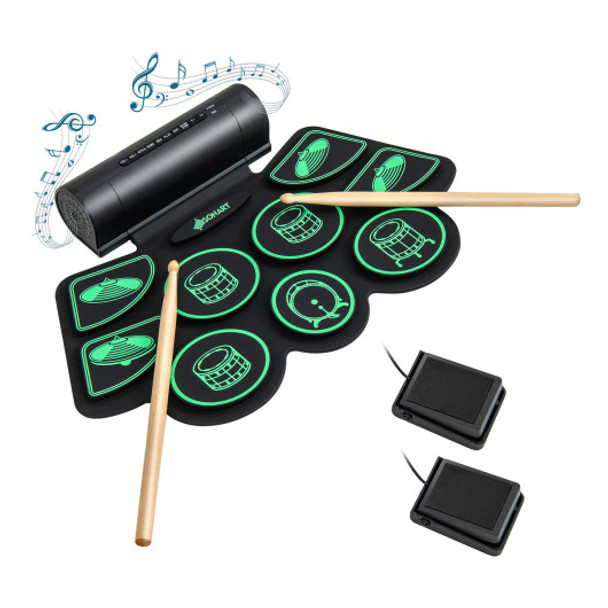 Electronic Drum Set with 2 Build-in Stereo Speakers for Kids-Green