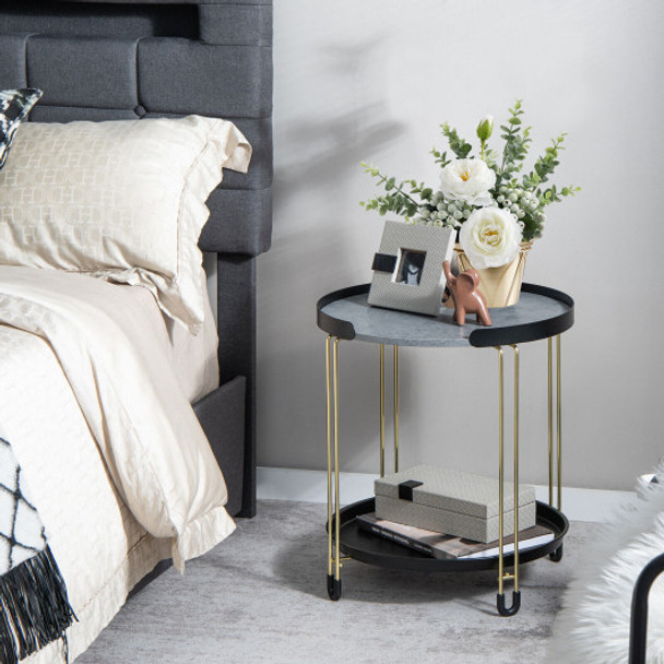 2-Tier Round Side Table with Removable Tray and Metal Frame for Small Space-Golden
