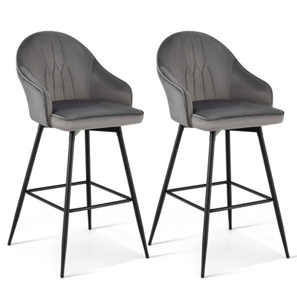 2 Pieces 29.5 Inch Pub Height Swivel Velvet Bar Stools with Metal Legs-Gray