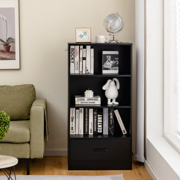 48 Inch Tall 4 Tiers Wood Bookcase with Drawer-Black