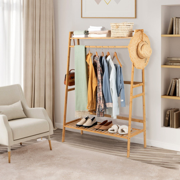 Bamboo Clothing Rack with Storage Shelves-Natural