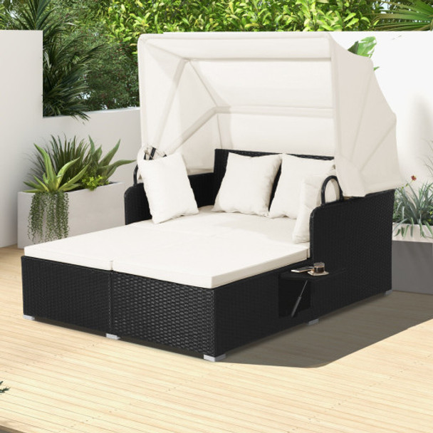 Patio Rattan Daybed with Retractable Canopy and Side Tables-Off White