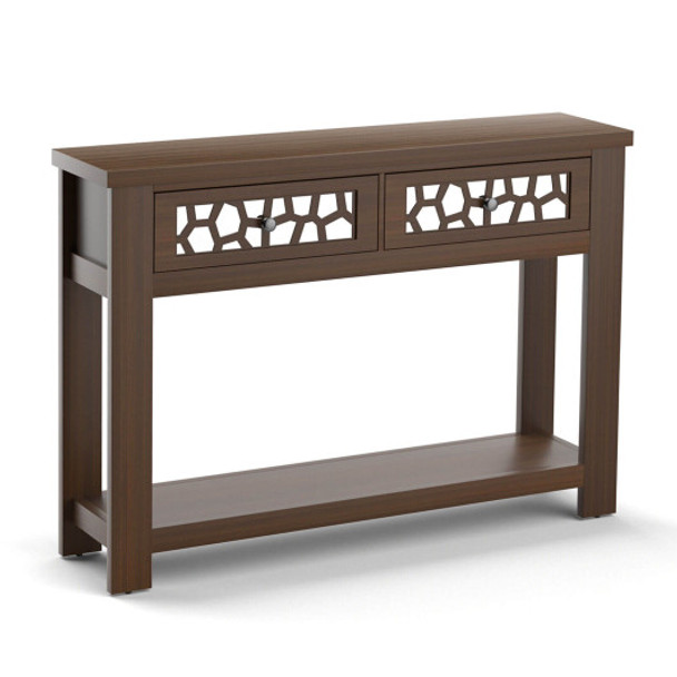 2-Tier Console Table with Drawers and Open Storage Shelf-Brown