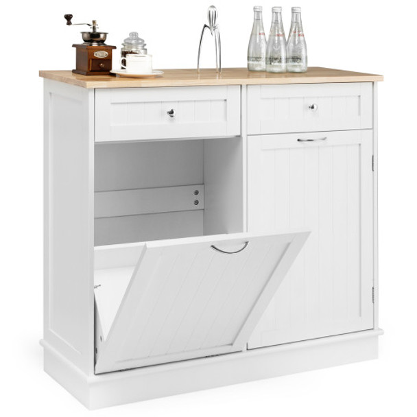 Rubber Wood Kitchen Trash Cabinet with Single Trash Can Holder and Adjustable Shelf-White