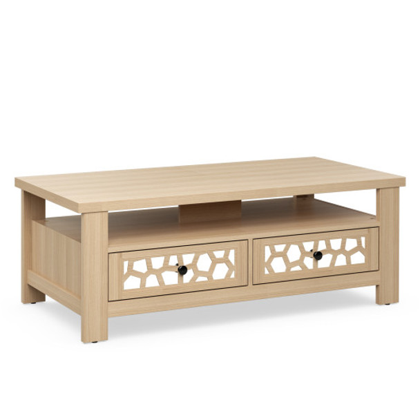 3-tier Coffee Table with 2 Drawers and 5 Support Legs-Natural
