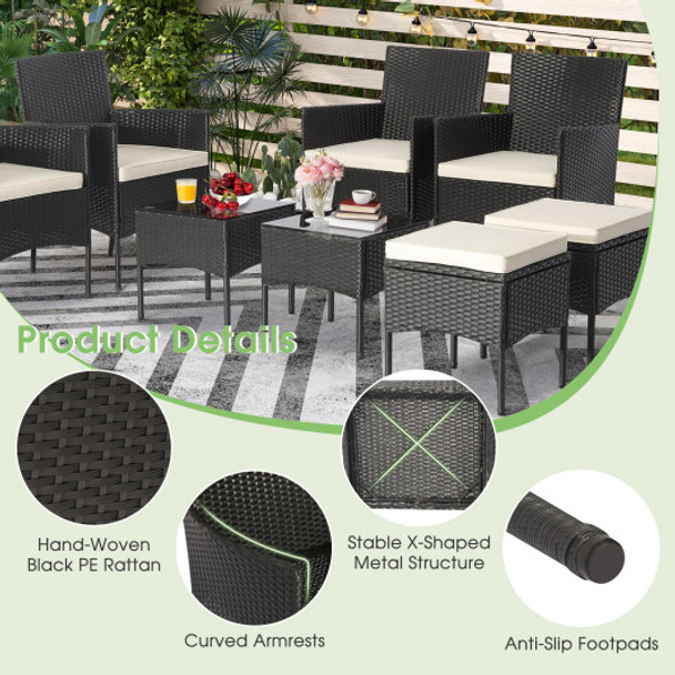 8 Pieces Patio Wicker Conversation Set with 2 Coffee Tables and 2 Ottomans
