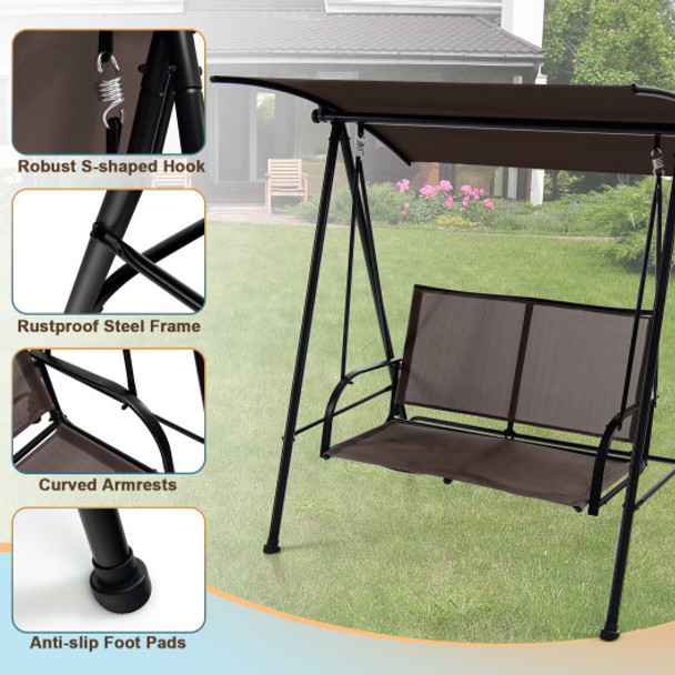2-Seat Outdoor Canopy Swing with Comfortable Fabric Seat and Heavy-duty Metal Frame-Brown