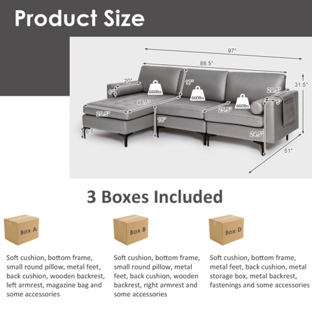 Modular L-shaped 3-Seat Sectional Sofa with Reversible Chaise and 2 USB Ports-Light Gray