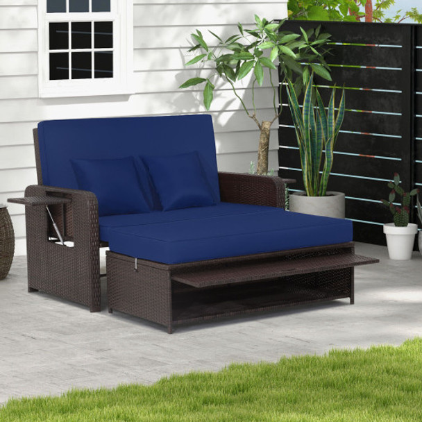 Patio Rattan Daybed with 4-Level Adjustable Backrest and Retractable Side Tray-Navy