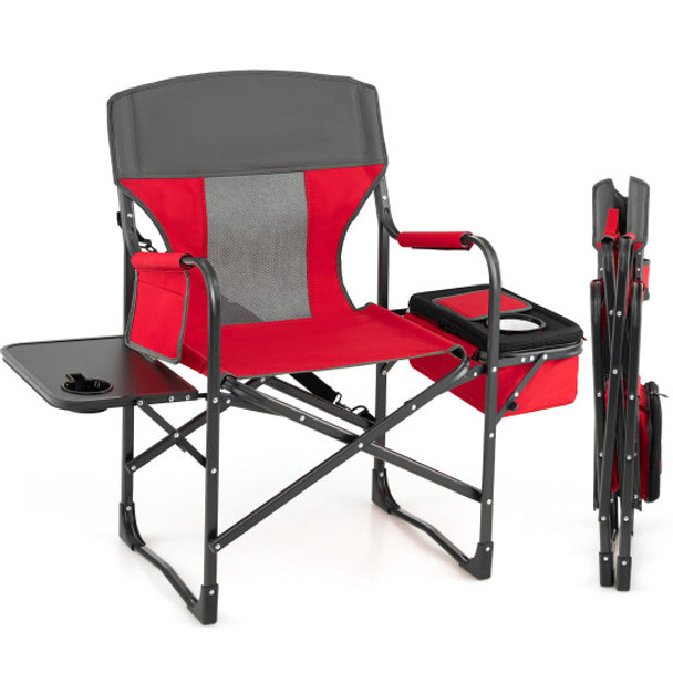 Folding Camping Directors Chair with Cooler Bag and Side Table-Red