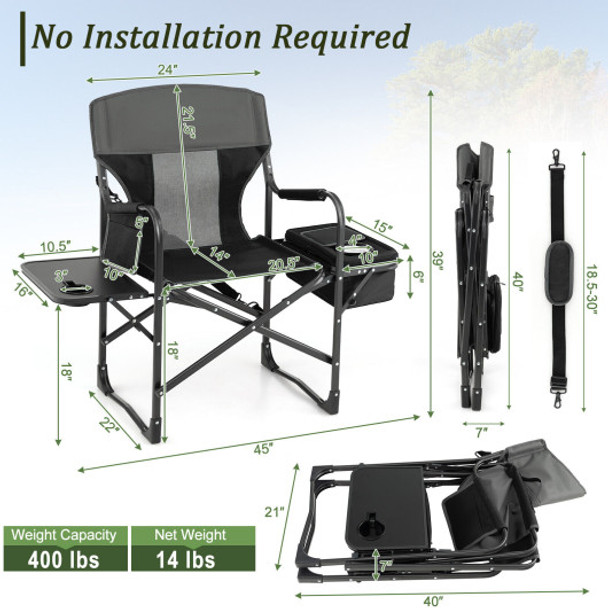 Folding Camping Directors Chair with Cooler Bag and Side Table-Black