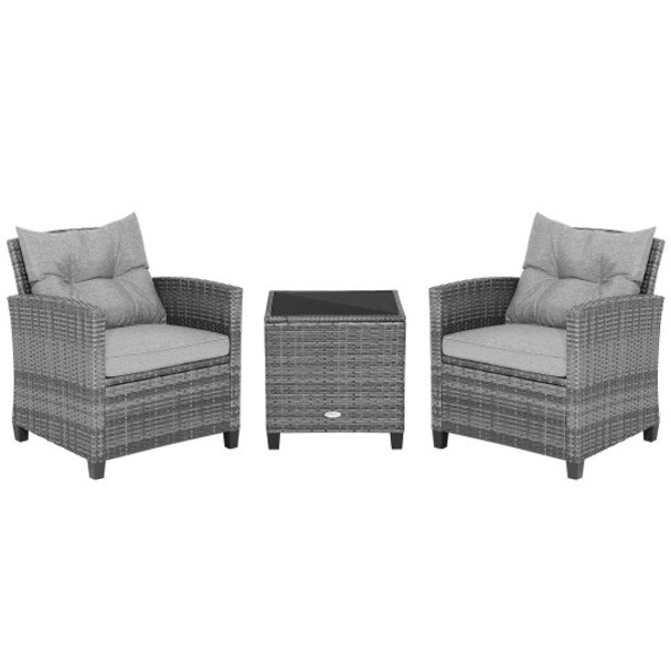 3 Pieces Outdoor Wicker Conversation Set with Tempered Glass Tabletop-Gray