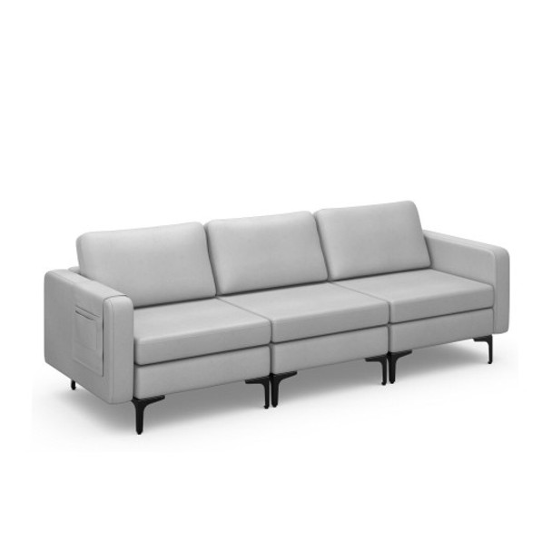 3-Seat Sofa Sectional with Side Storage Pocket and Metal Leg-Light Gray