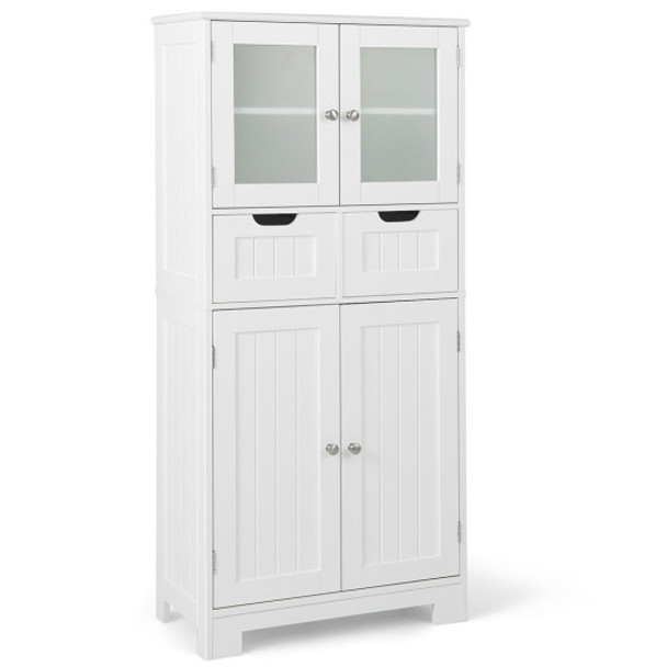 3 Tier Freee-Standing Bathroom Cabinet with 2 Drawers and Glass Doors-White