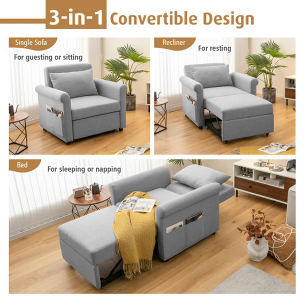 3-in-1 Pull-out Convertible Adjustable Reclining Sofa Bed-Gray