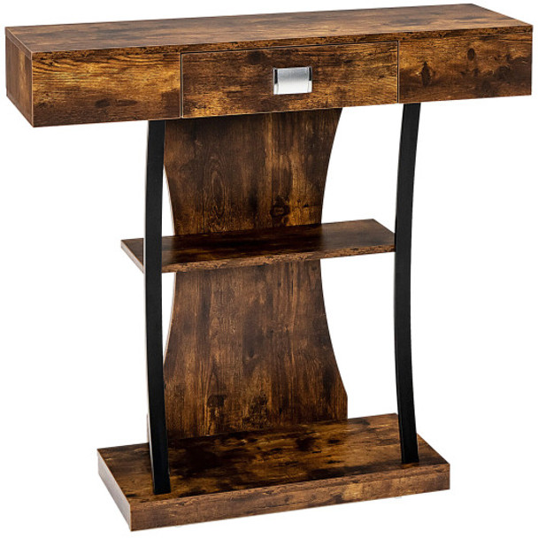 Console Table with Drawer and 2-Tier Shelves for Entryway Living Room-Rustic Brown