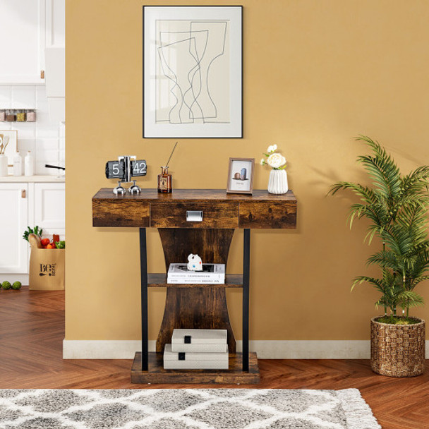 Console Table with Drawer and 2-Tier Shelves for Entryway Living Room-Rustic Brown