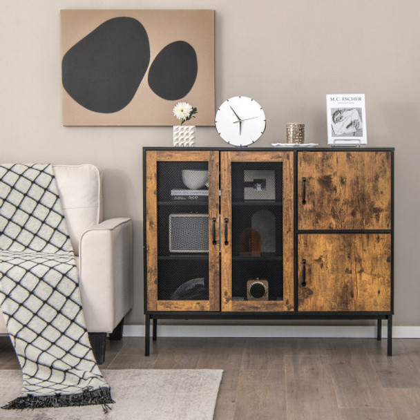 48" Industrial Kitchen Buffet Sideboard with Metal Mesh Doors and Anti-toppling Device-Brown