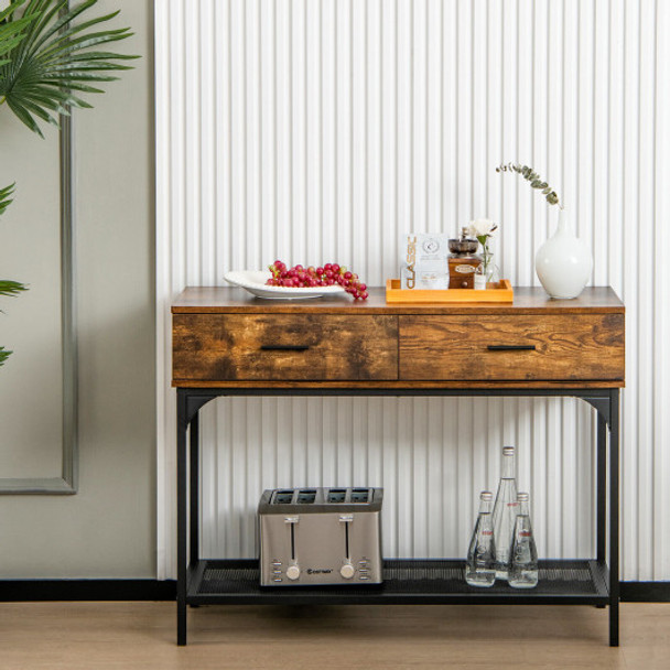 2 Drawers Console Table with Metal Frame for Living Room-Rustic Brown